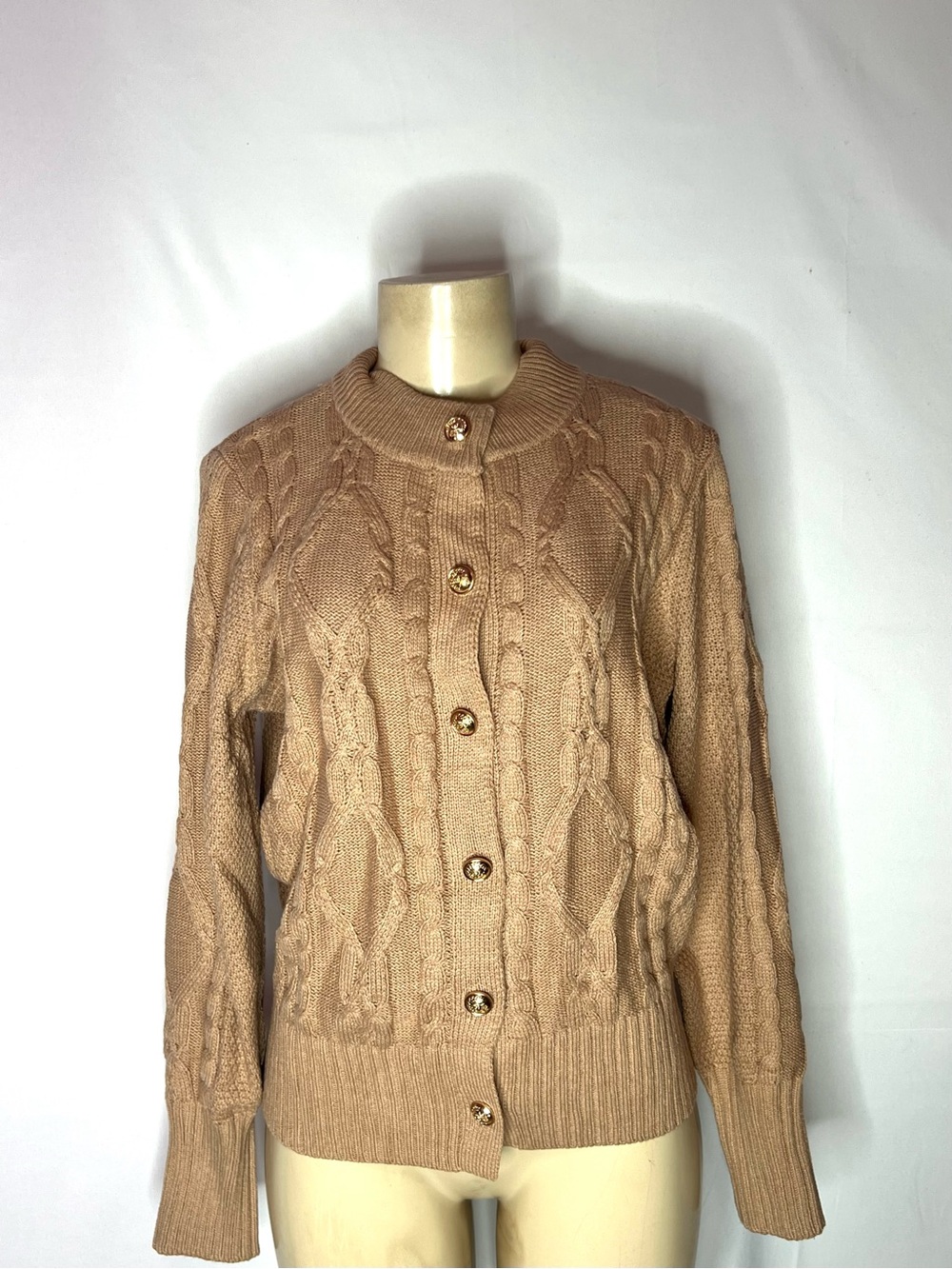 MEROKEETY Classic Cable Knit Button-Up Cardigan Sweater - Camel